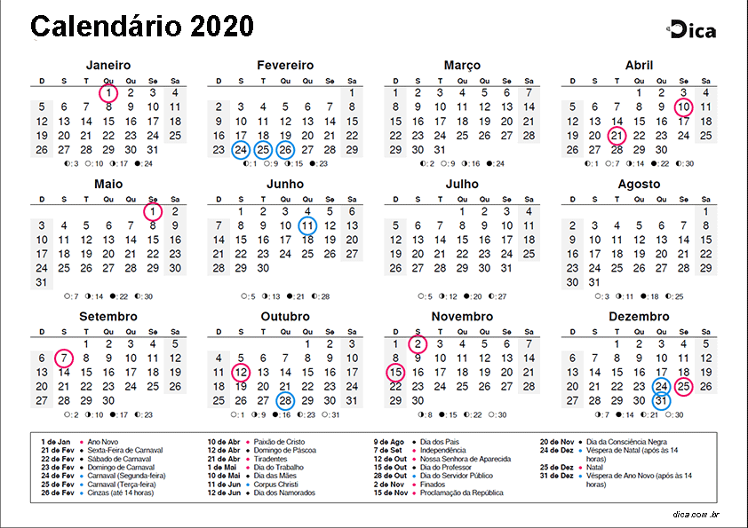 calendário 2020 para imprimir