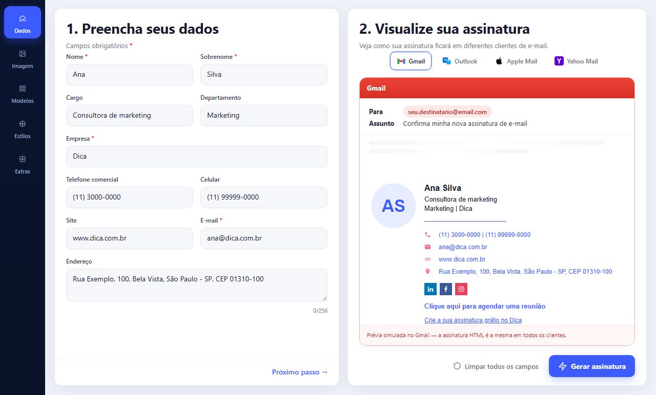 Gerador de assinatura do Dica com dados preenchidos e prévia no Gmail