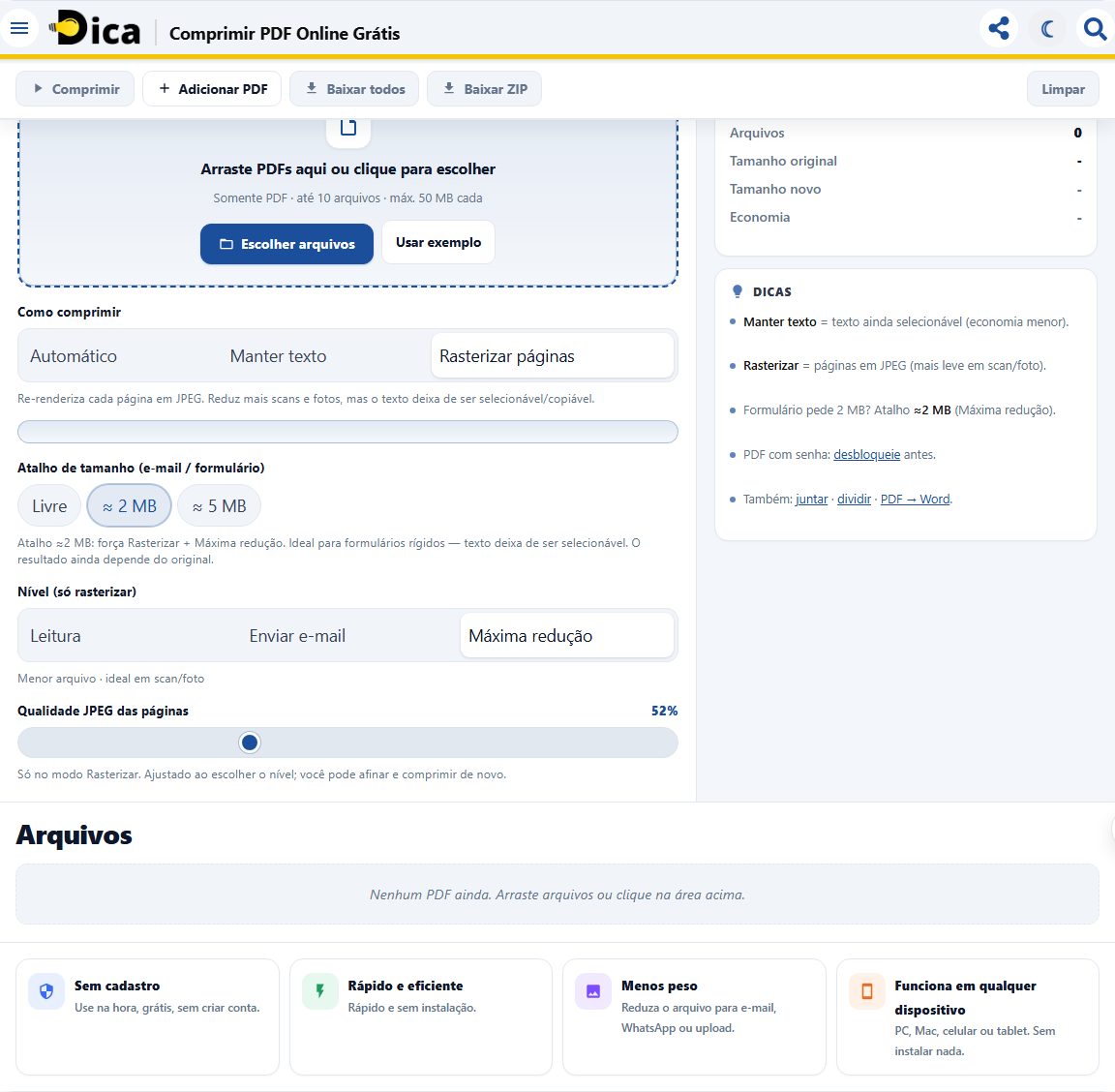 Compressor de PDF do Dica com atalho de 2 MB selecionado