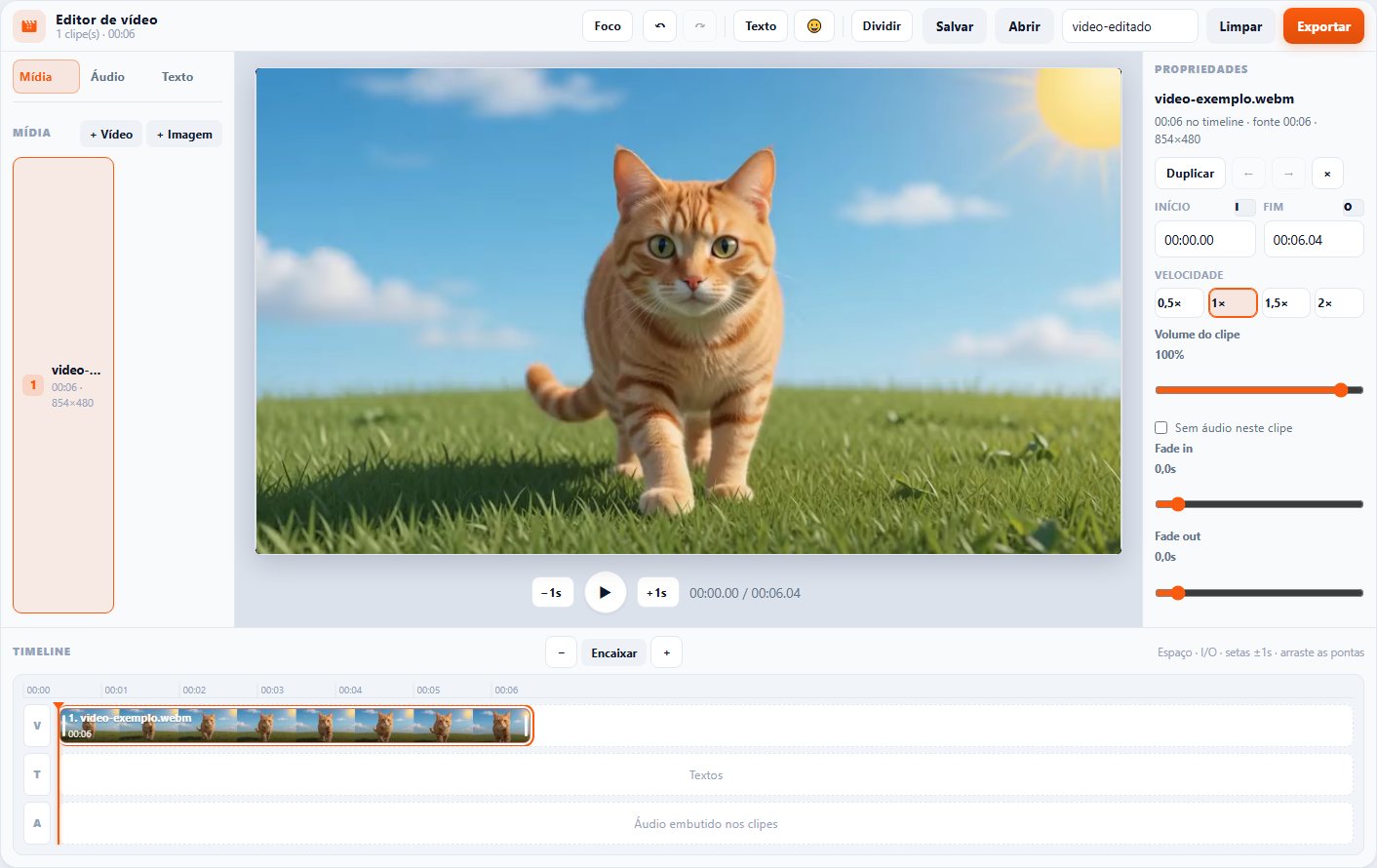 Editor de vídeo no Dica com timeline V/T/A, prévia e botão Exportar