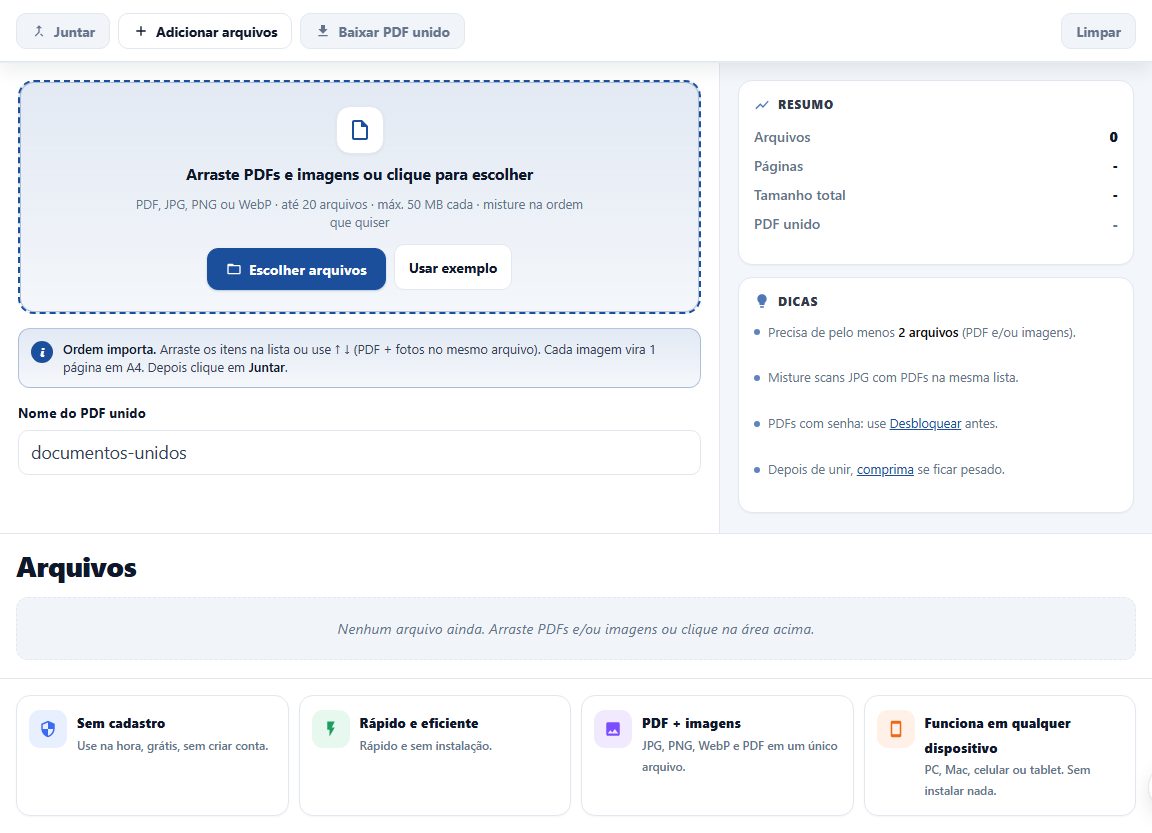 Ferramenta Juntar PDF do Dica: soltar arquivos, nome do PDF e botão Juntar