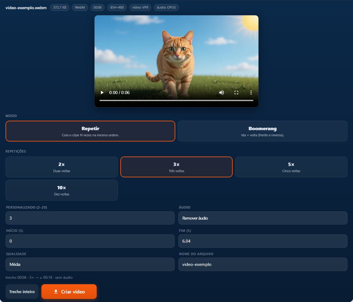 Loop de vídeo no Dica com modos Repetir e Boomerang, presets 2× a 10× e botão Criar vídeo