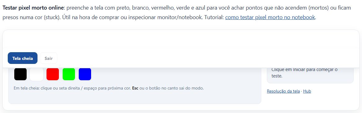 Teste de pixel morto do Dica com botão Tela cheia e cinco cores