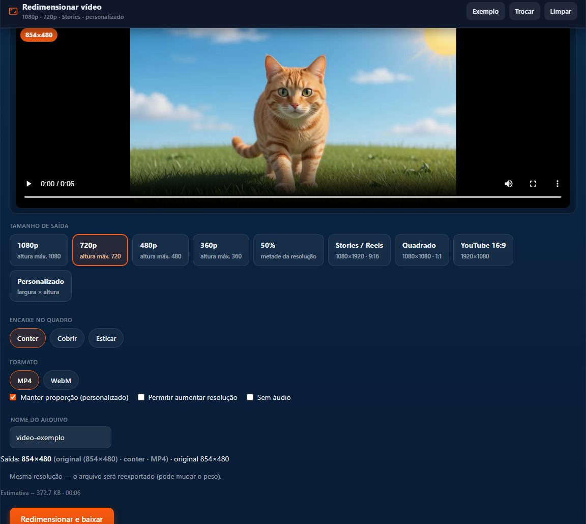 Redimensionar vídeo no Dica com presets 720p, 1080p, Stories/Reels e botão Redimensionar e baixar