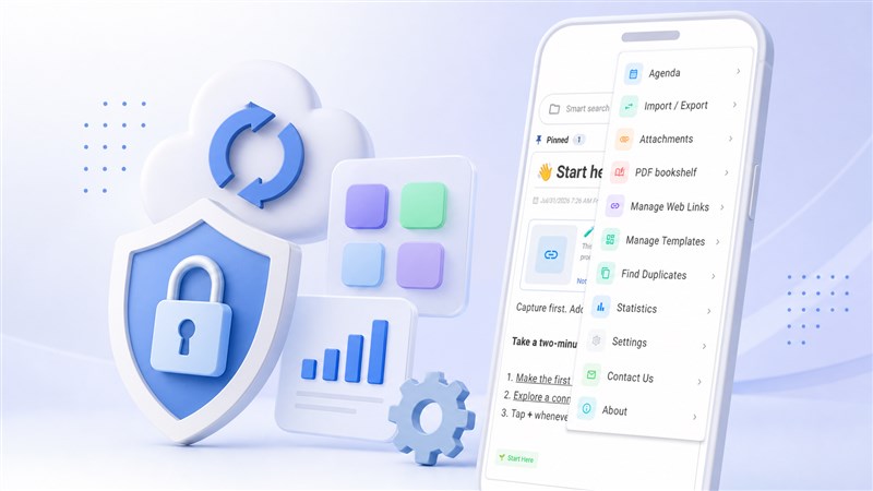 Recursos do DicaNote: menu, backup, segurança e personalização