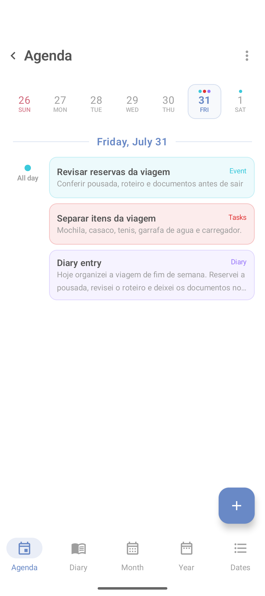 Agenda do DicaNote preenchida com tarefa, evento e registro diário