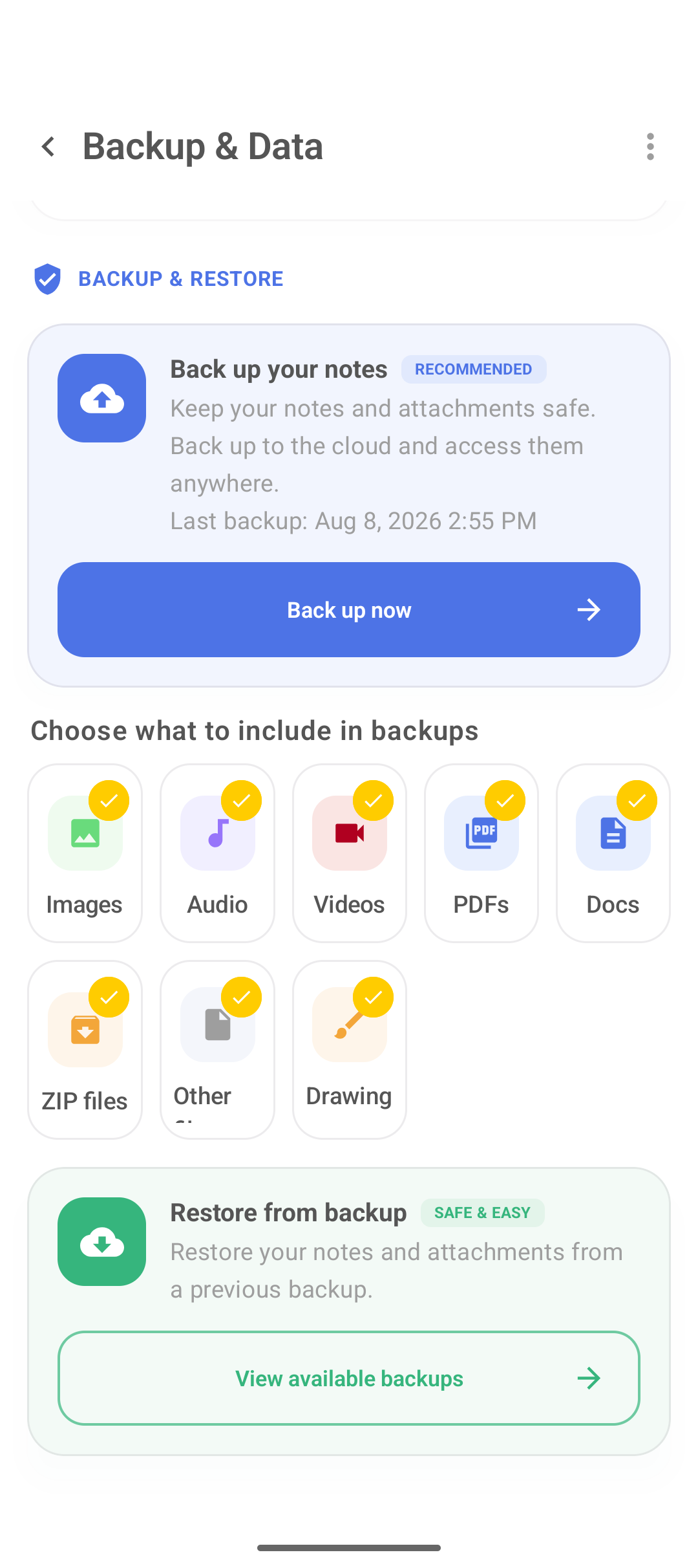 Restore from backup and View available backups in DicaNote