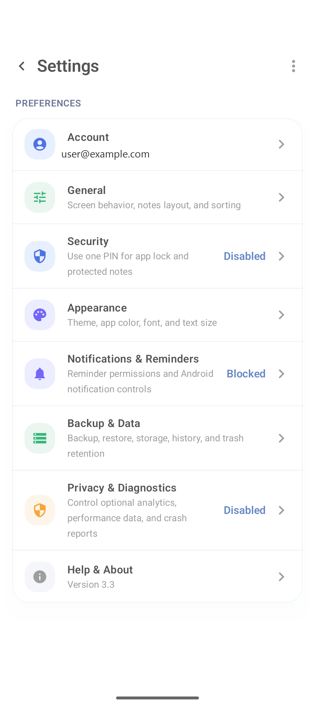 Settings do DicaNote com a seção Appearance