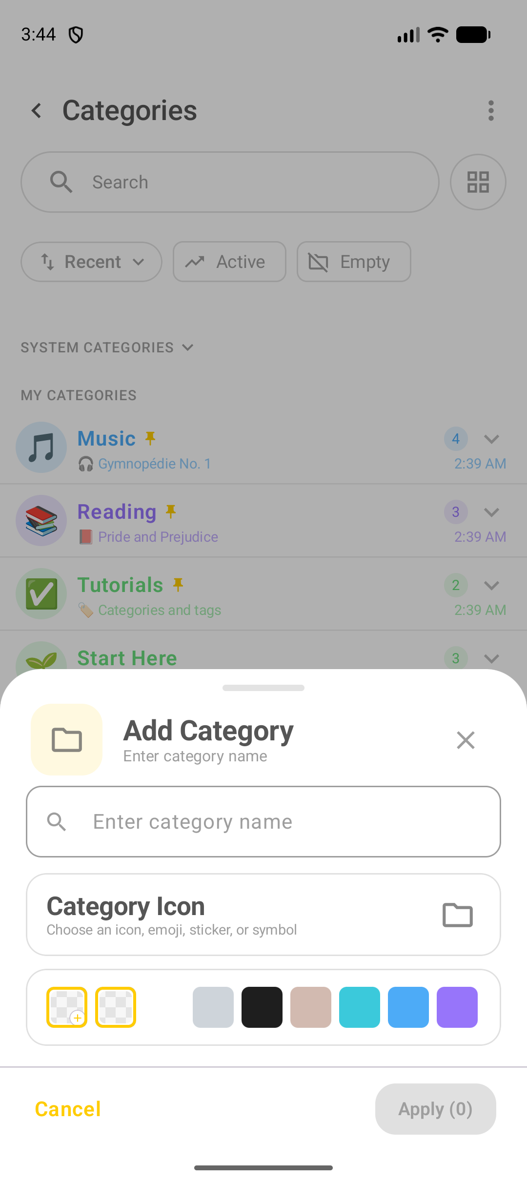 Painel Add Category do DicaNote com nome e Ã­cone