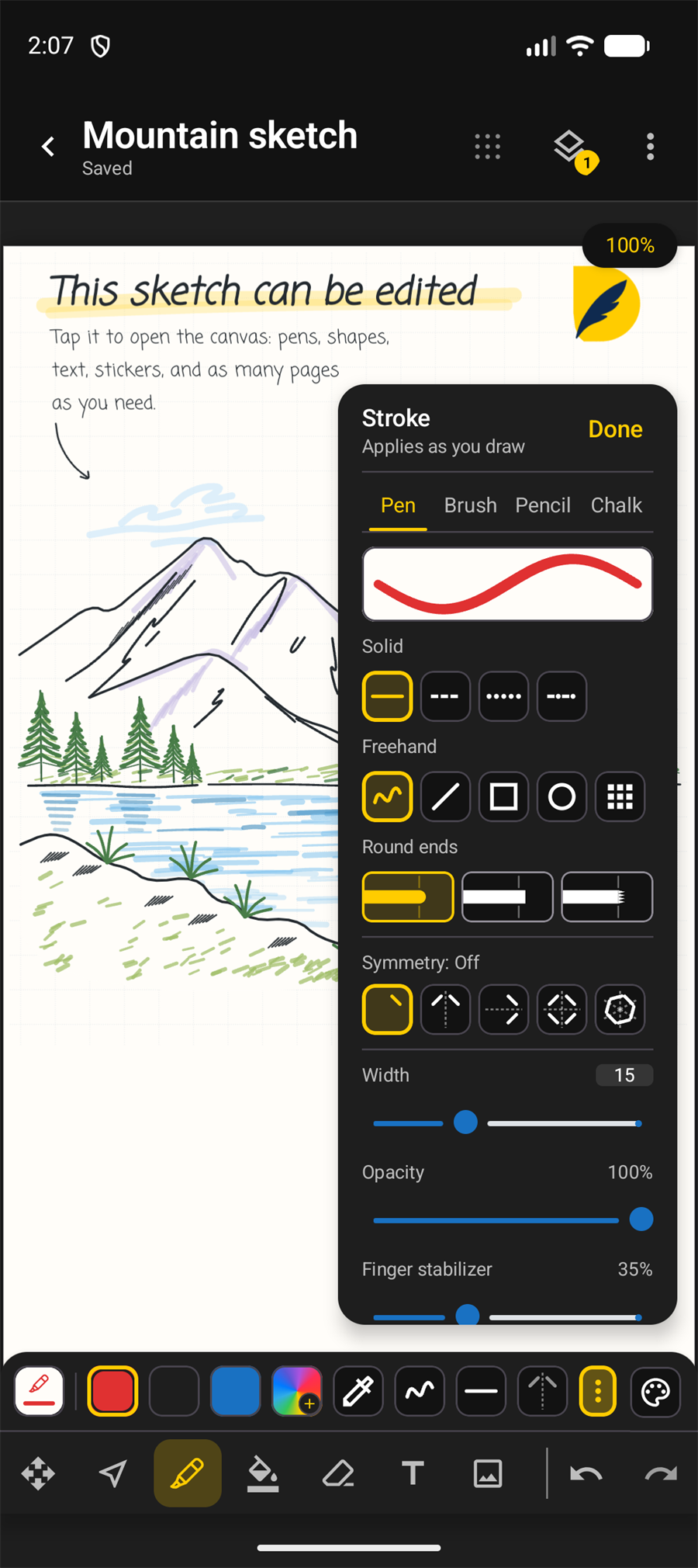 Painel Stroke do DicaNote com Pen, Brush, Pencil, Chalk, formas, simetria, largura e opacidade