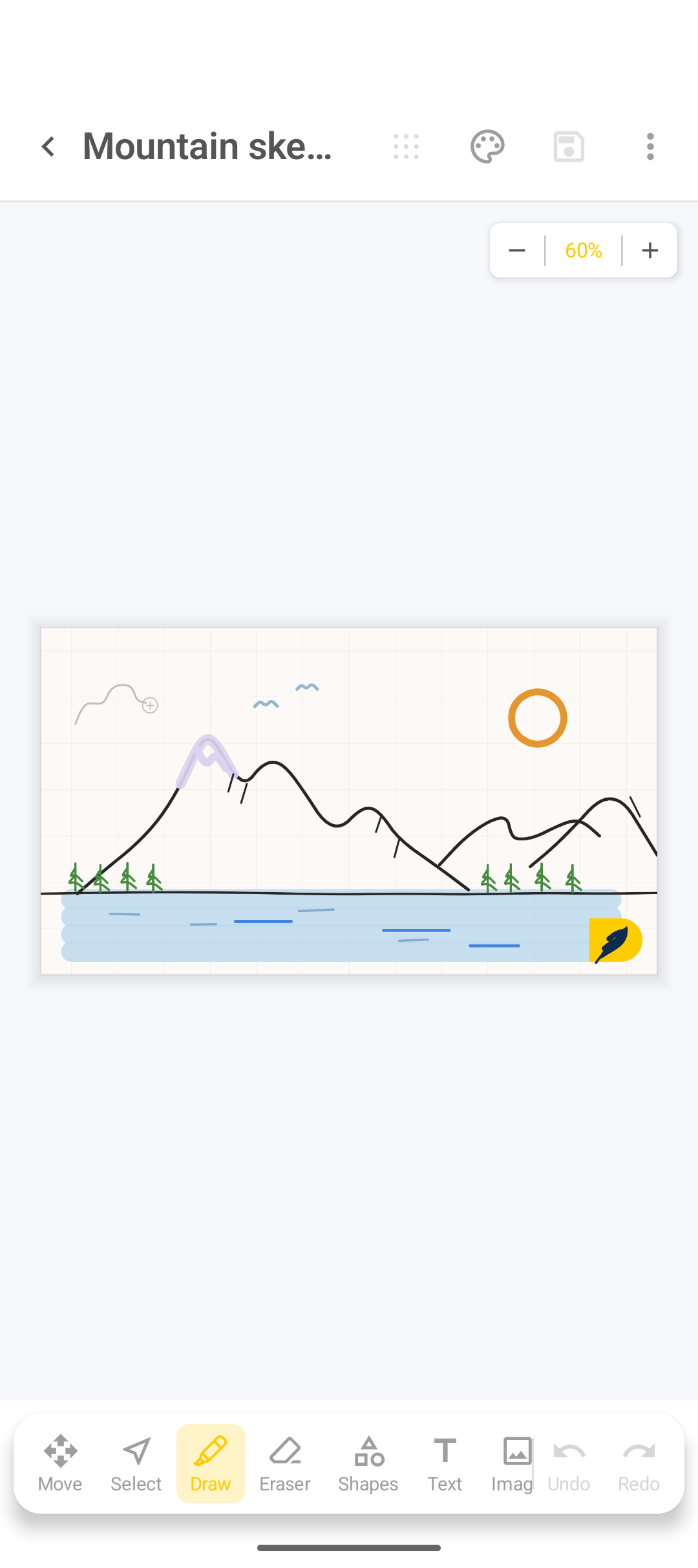 DicaNote drawing screen with a mountain sketch