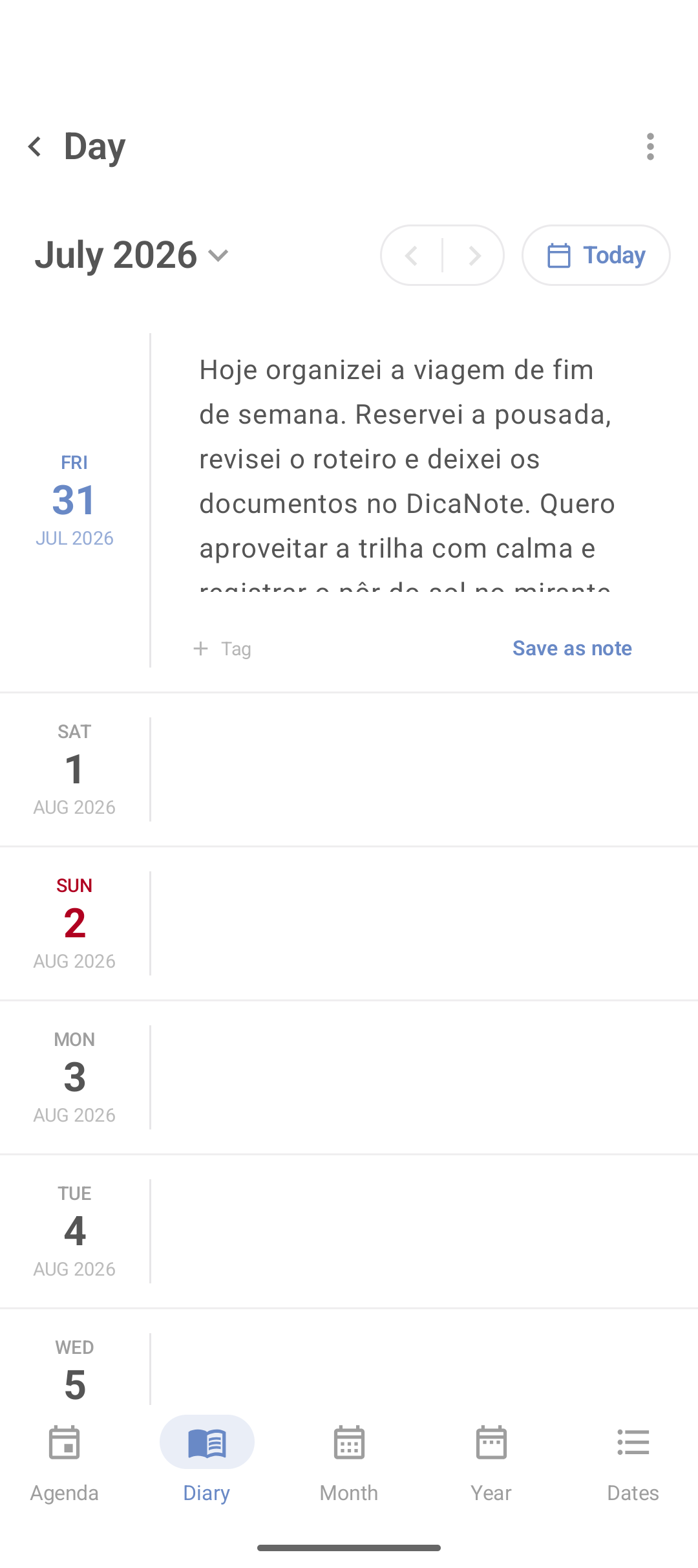 Diário do DicaNote com datas em sequência e campo para escrever uma memória rápida