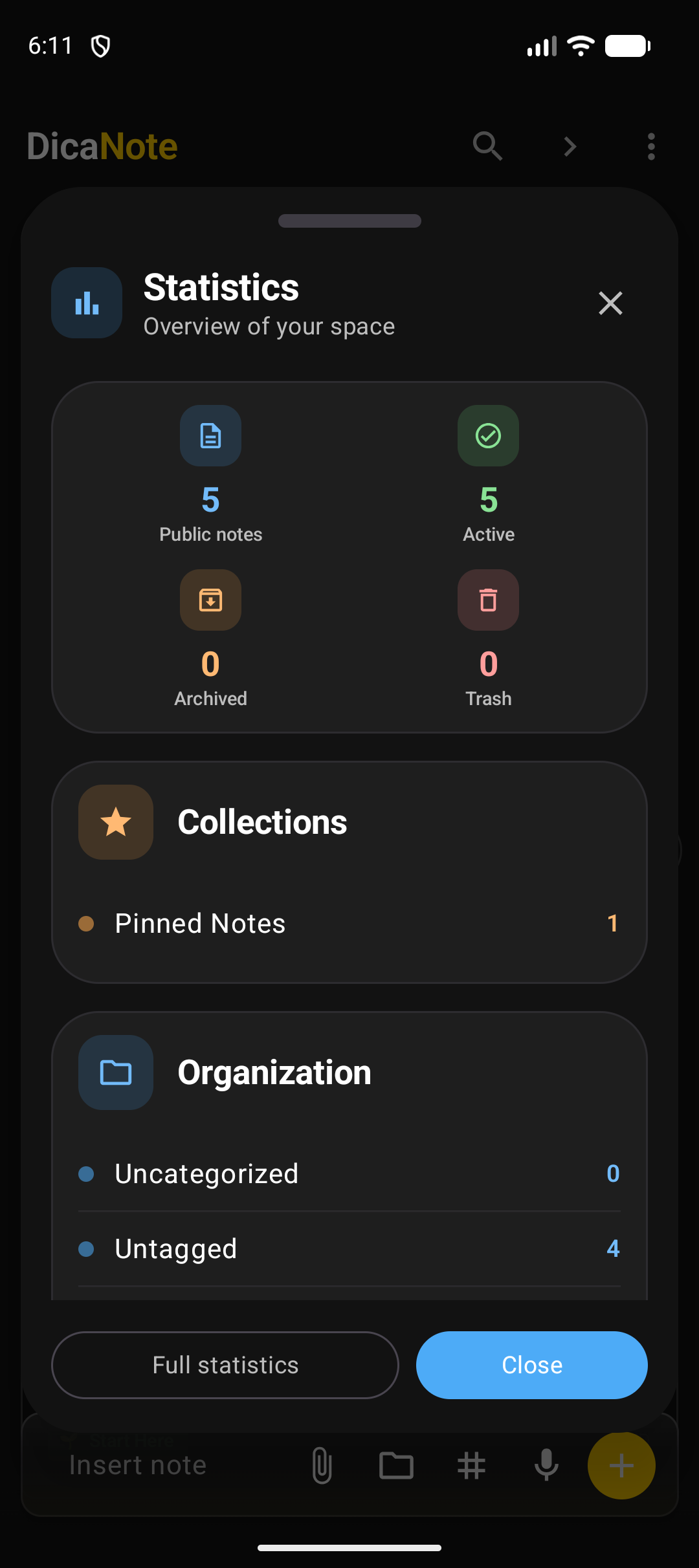 DicaNote Statistics sheet with public, active, archived, trash, pinned and untagged counts
