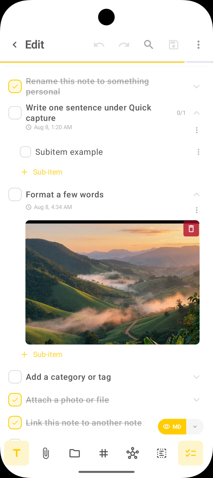 Checklist do DicaNote com itens marcados, sub-item, data e imagem anexada ao item