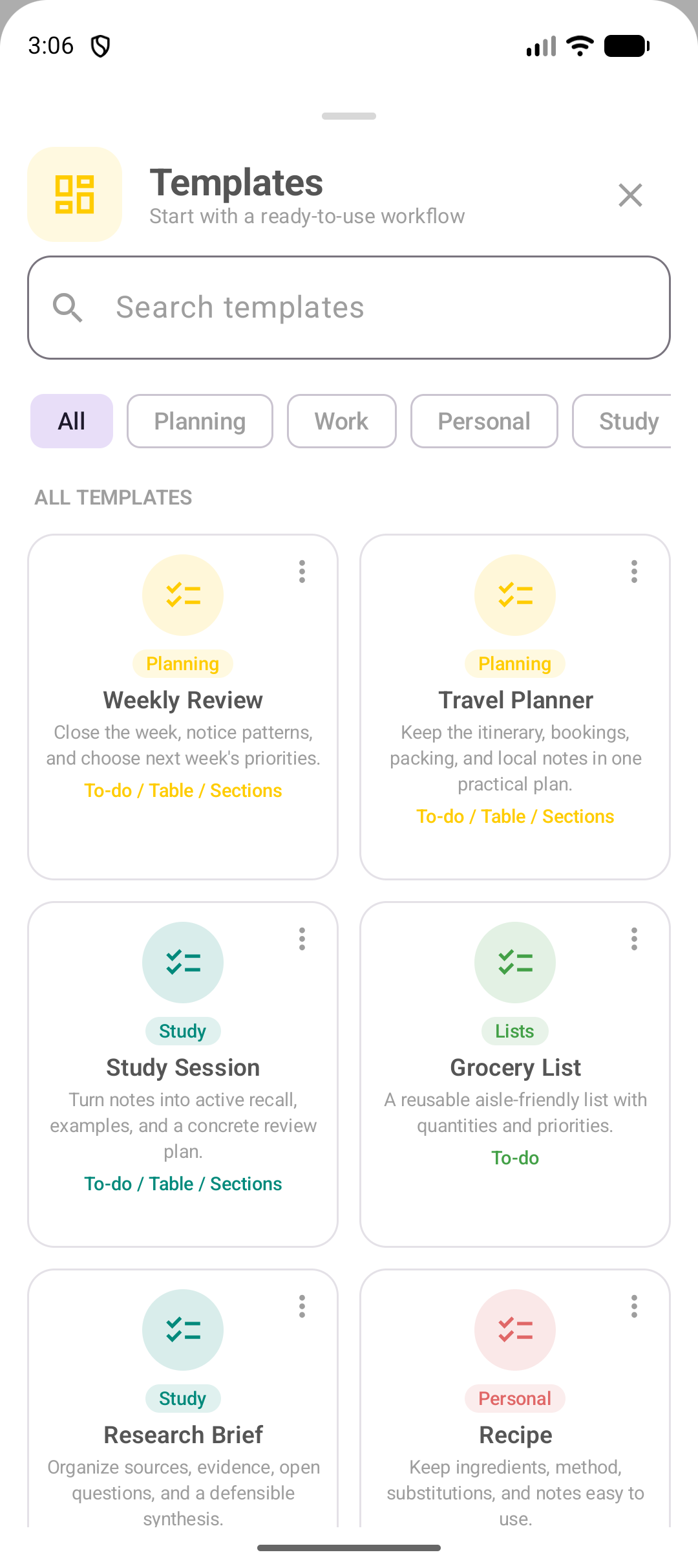 DicaNote template gallery