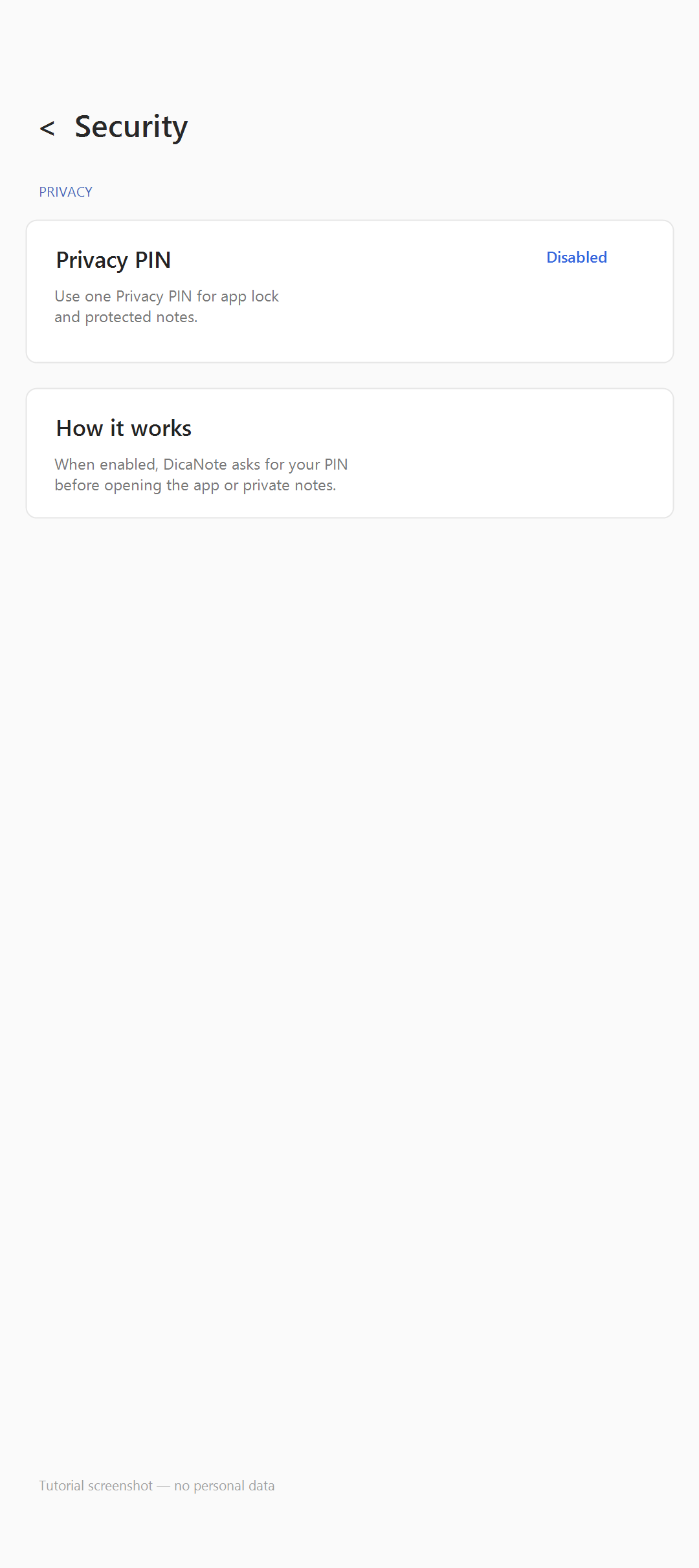 Tela Security com Privacy PIN Disabled â€” captura de tutorial sem dados pessoais