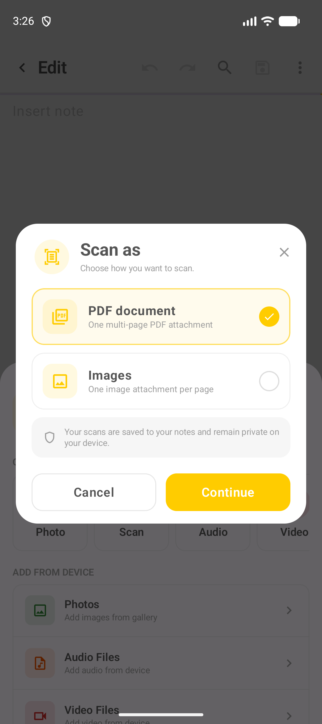 Diálogo Scan as PDF ou Images no DicaNote