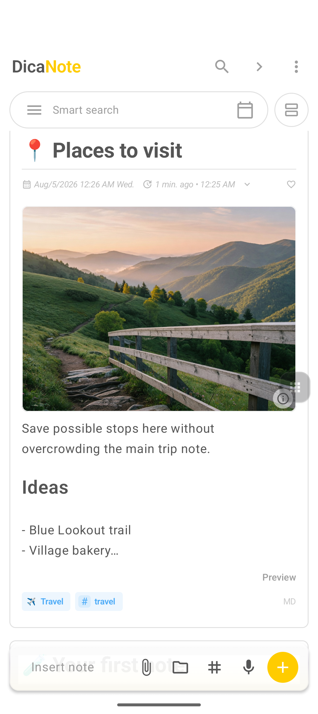 Notes list showing multiple English demo notes