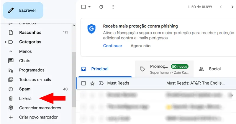 Localizar Lixeira Gmail Passo 2