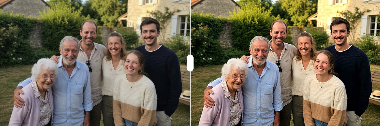 Antes e depois: foto da família original e versão mais clara, quente e nítida