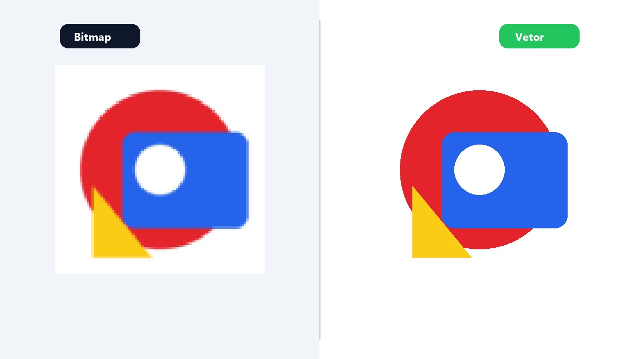 Antes e depois: logo em pixels à esquerda e o mesmo desenho em vetor à direita